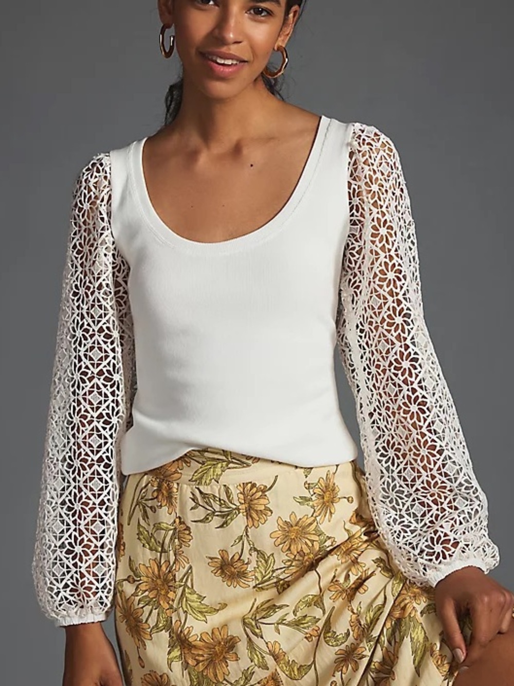 Anthropologie Maeve Scoop Neck Top with Lace Balloon Sleeves